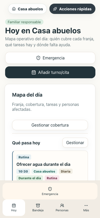 Dashboard móvil de CareDo con el mapa del día y acciones rápidas